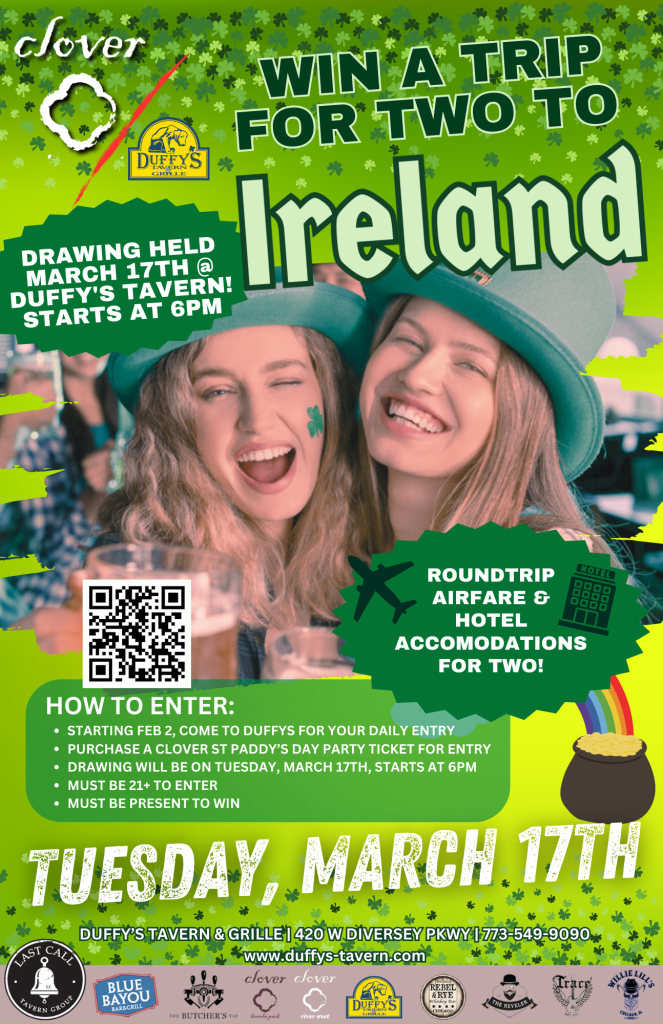 Win a Trip for Two to Ireland – Drawing Tuesday, March 17th at 6PM | both Clover Locations